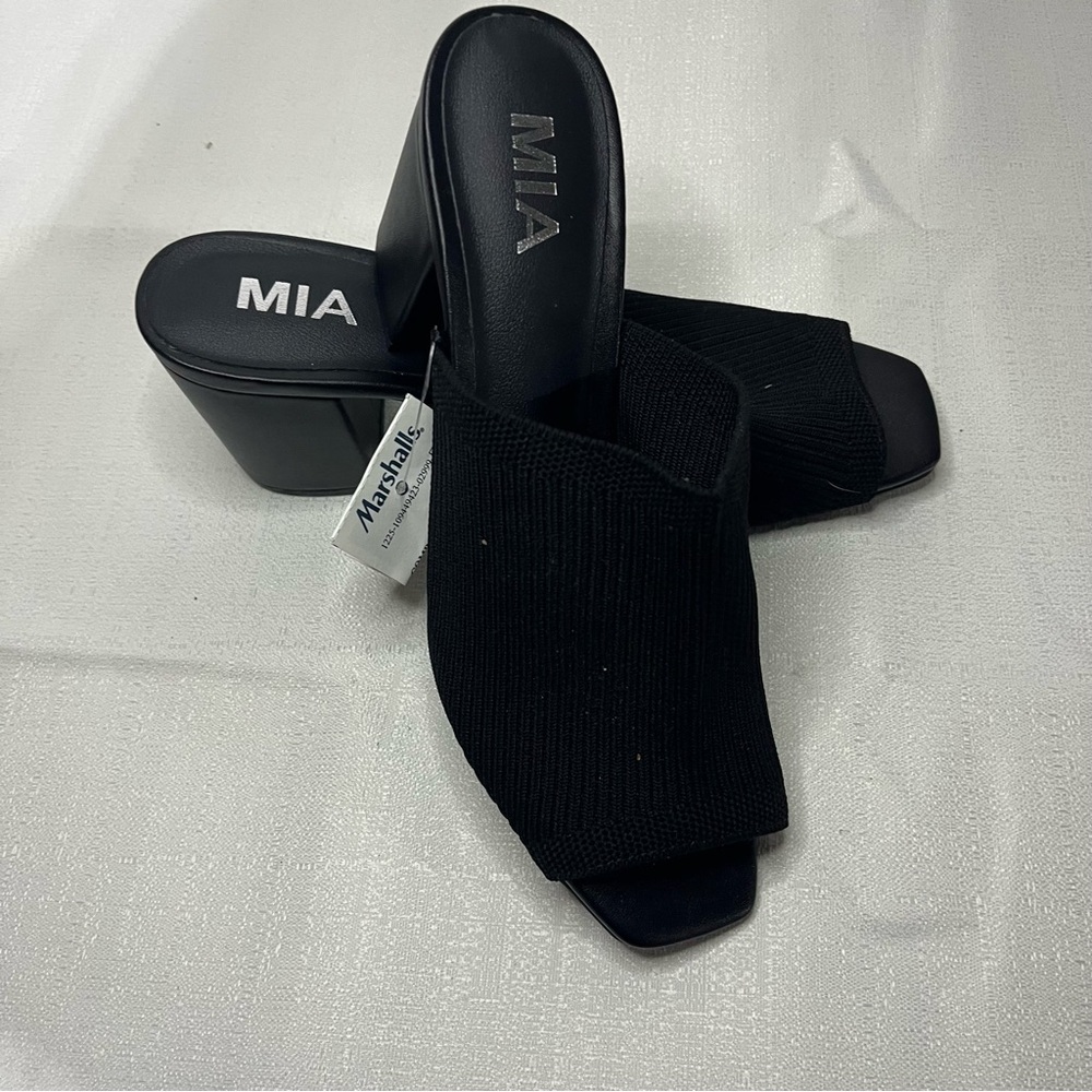 MIA Black Knit Open-Toe Block Heels
